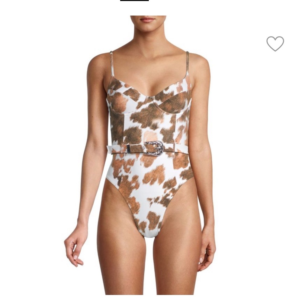 WEWOREWHAT ONIA DANIELLE BELTED COW PRINT ONE PIECE SWIMSUIT - SIZE SMALL